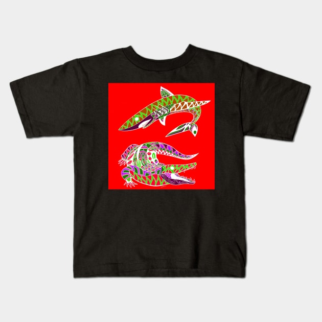 the kingdom of the beast, the shark and the alligator crocodile Kids T-Shirt by jorge_lebeau
